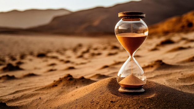 Hourglass in the desert at sunset