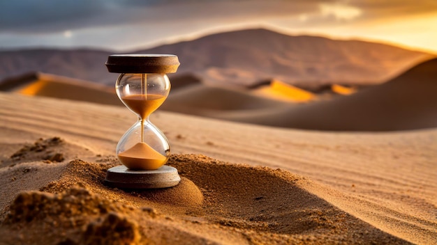 Hourglass in the desert at sunset