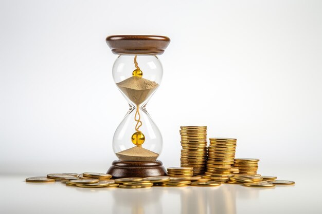 An hourglass filled with gold coins resting on a plain white background Time is money concept with an hourglass and gold coins on a white background AI Generated