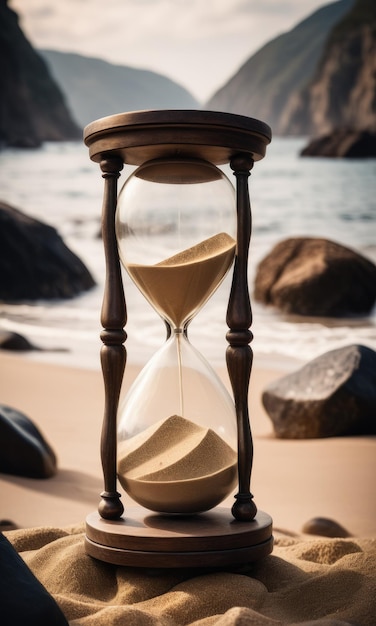 An hourglass filled with sand resting on a bed of rocks