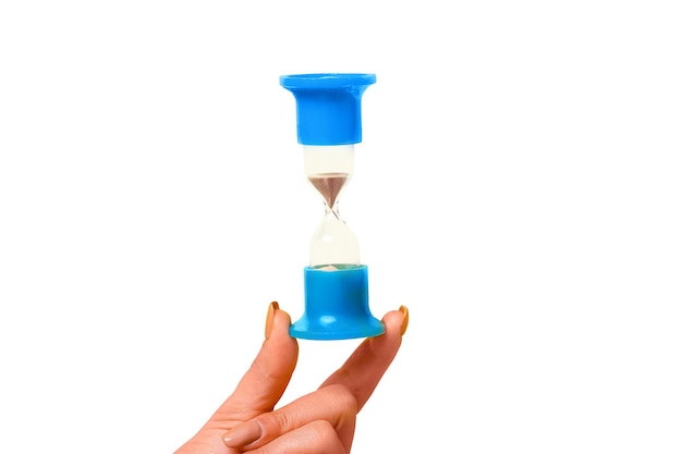 Hourglass in hand isolated on white background transience of time concept