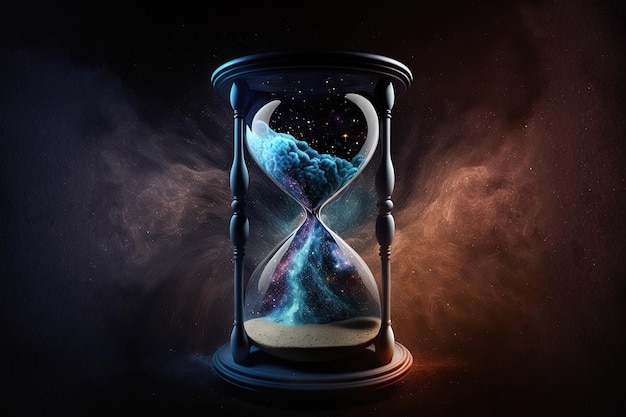 Hourglass illustration with galaxy and nebula inside black background Generative AI