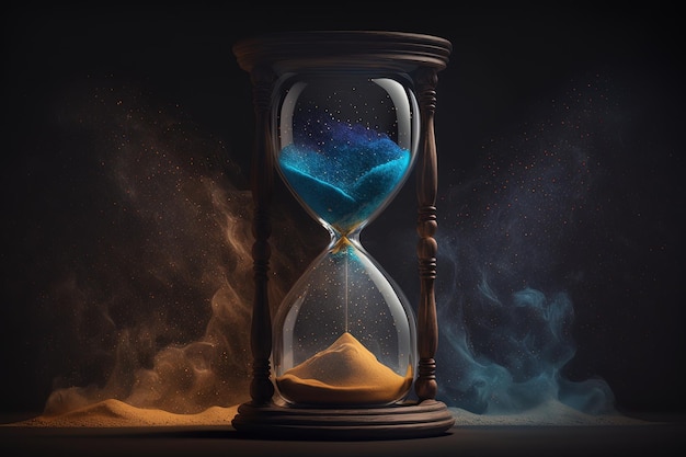 Hourglass illustration with galaxy and nebula inside black background Generative AI