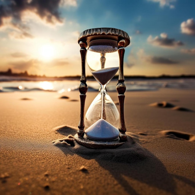 a hourglass is standing in the sand on a beach.