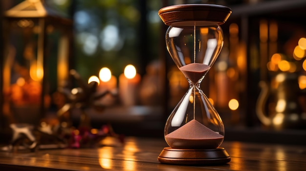 Photo hourglass and laptop together on a workspace