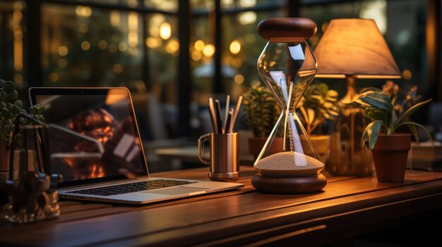 Photo hourglass and laptop together on a workspace