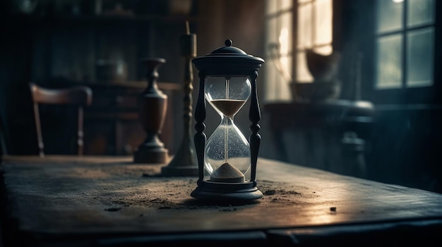 A hourglass on an old table in an old room with a window behind it