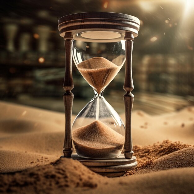 Hourglass on sand background Sand running through the glass Time passing concept