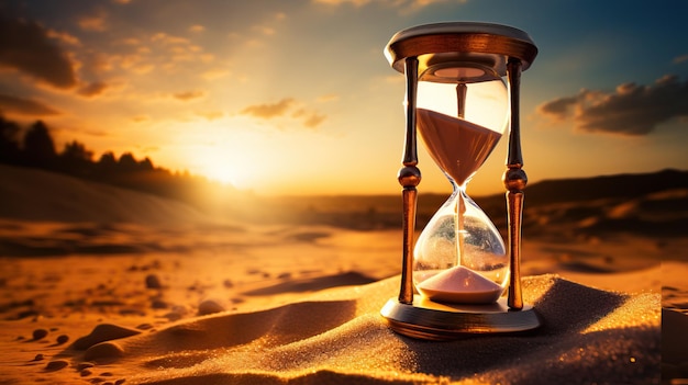 Hourglass on the sand in the desert at sunset Time concept