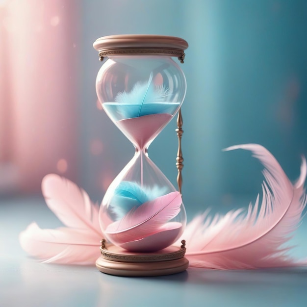 Песочные часы с синим перьем на розовом фоне Концепция времени 3D-рендеринг