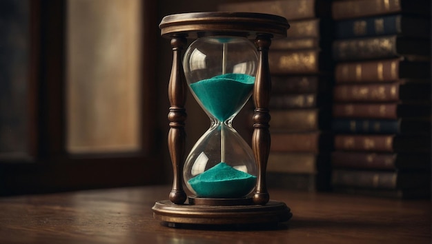 A hourglass with blue sand in the middle