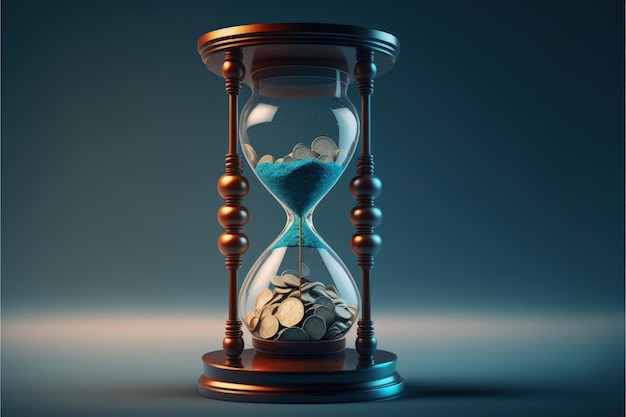 Hourglass with coins on blue background investment time concept AI