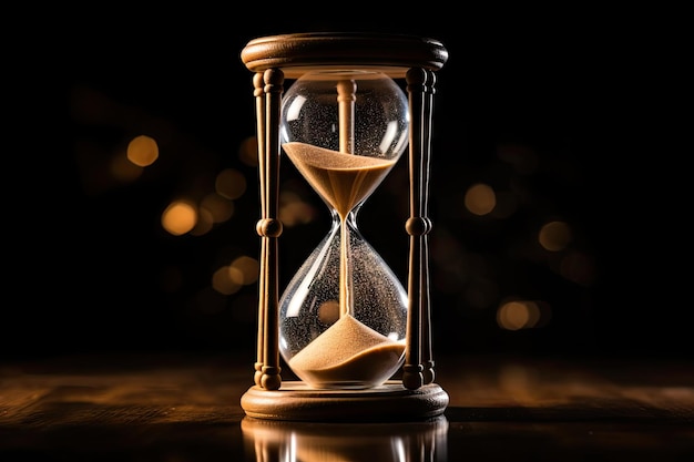 Photo hourglass with falling sand seen from the side on a dark background with space for text