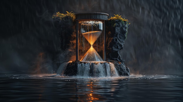 Hourglass with falling sands transforming into a cascading waterfall