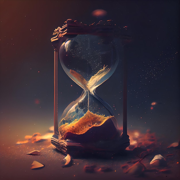 Hourglass with flowing sand on dark background Time passing concept