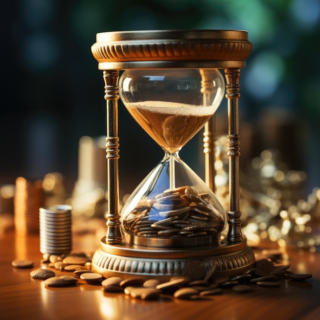 A hourglass with gold rims and a gold rim is surrounded by coins.