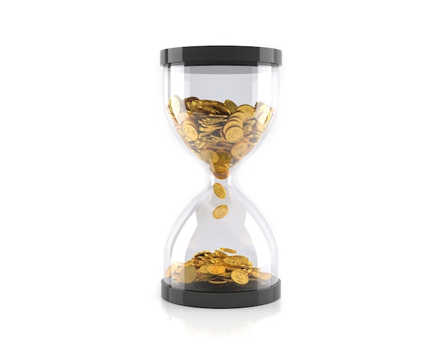 Hourglass with golden coins, Time is money concept.