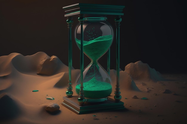 A hourglass with green sand and a mountain in the background.