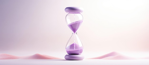 白い背景の浅い紫色の砂の砂時計