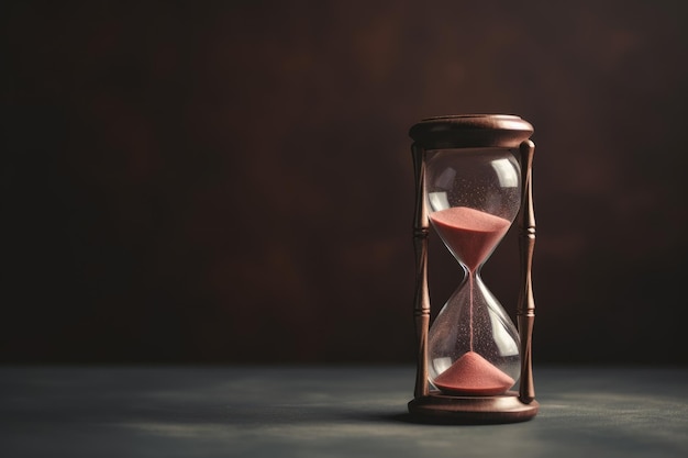 A hourglass with a red sand inside sits on a dark brown table