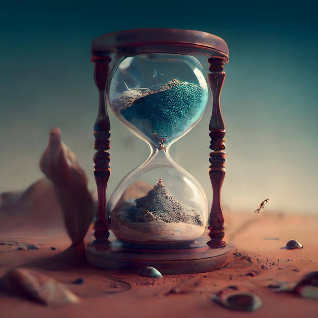 Hourglass with sand on the background of the ancient map Time concept