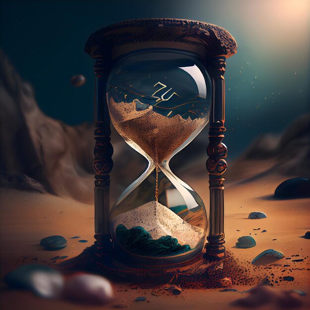 Hourglass with sand in desert Time passing concept 3D rendering