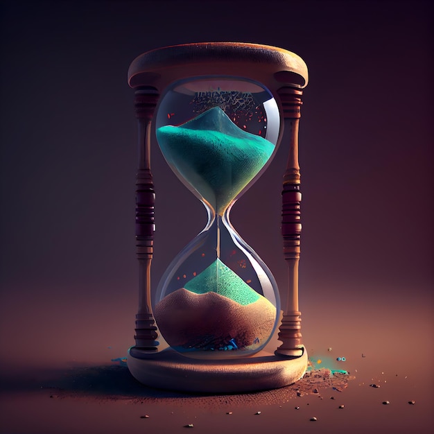 Hourglass with sand and mountains 3D illustration Time concept