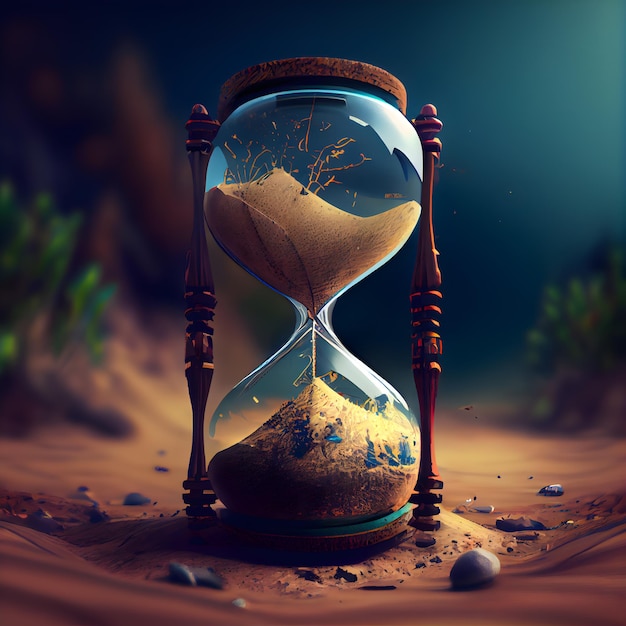 Hourglass with sand and tree in the desert 3d rendering