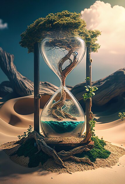 a hourglass with a tree in the middle of it