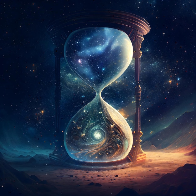 Hourglass with universe inside galaxy inside hourglass digital illustration Generative AI