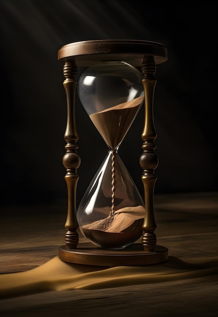 Hourglass on wooden table and dark background Time passing concept