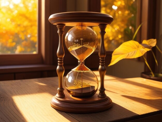 A hourglass on a wooden table