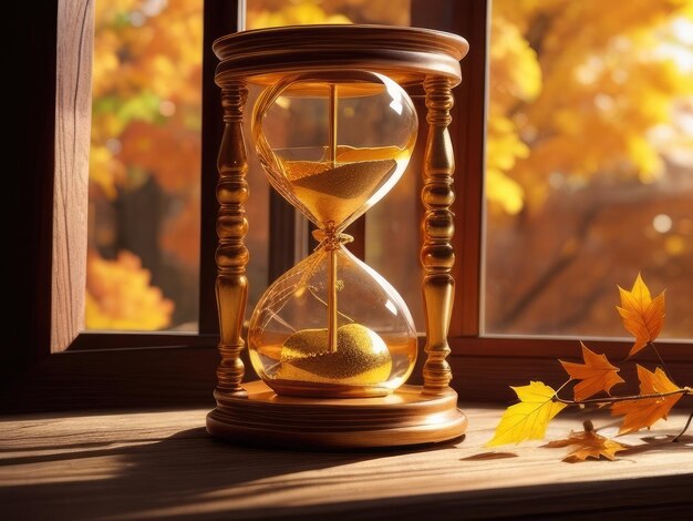 A hourglass on a wooden table