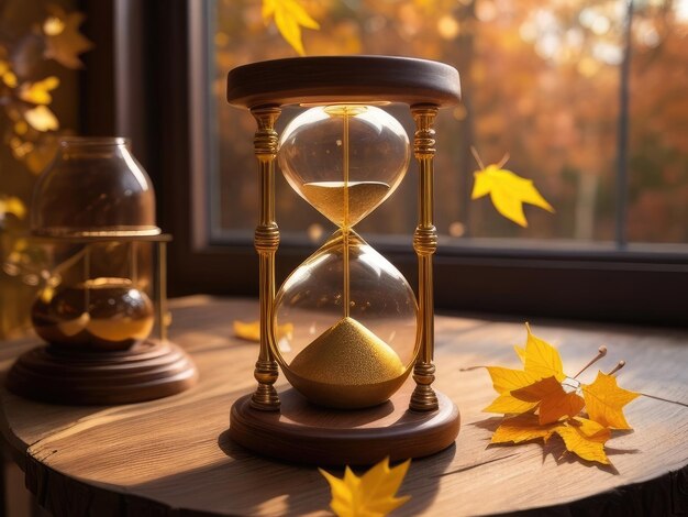 A hourglass on a wooden table