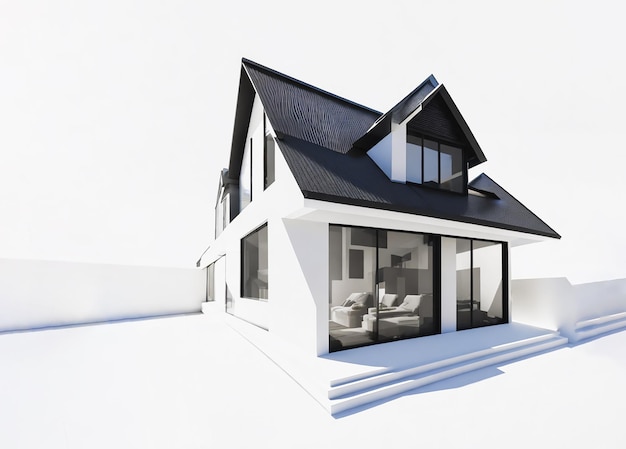 House 3d modern style rendering on white background