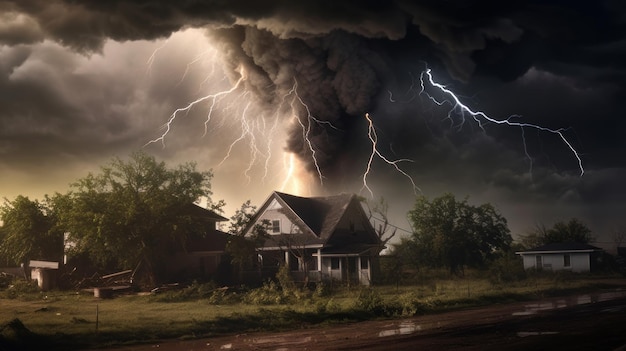 House against the backdrop of a thunderstorm