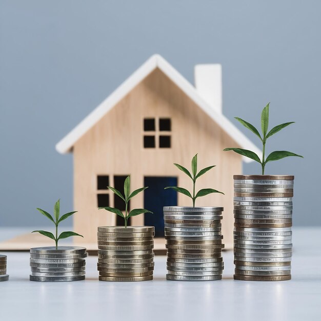 Photo house ahead of stacks of coins on light gray background