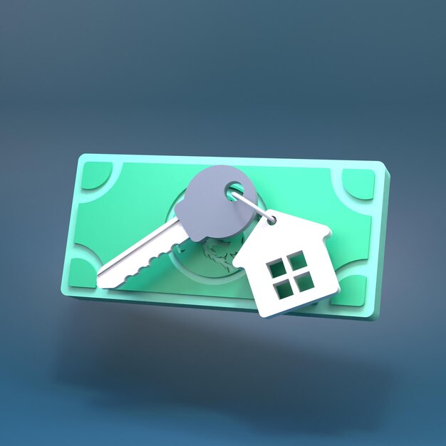 House or apartment key and dollars Real estate purchase concept 3d render