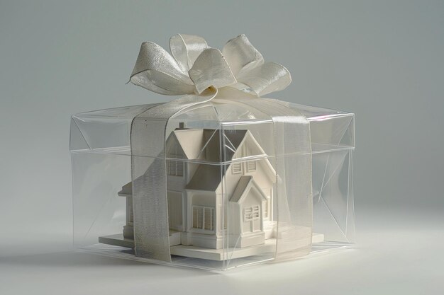 House as a gift House architectural model in a gift box with a bow Buying a new home inherit real estate Mortgage and home loan moving in new apartment celebration Space for text