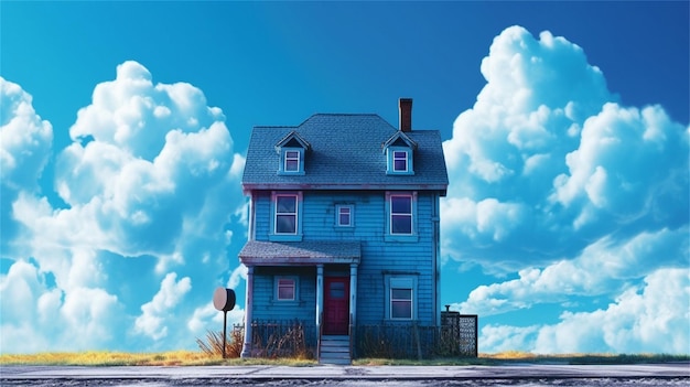 House on the background of blue sky with clouds 3d rendering