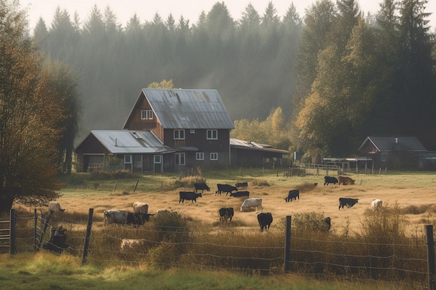 A house in the background is surrounded by trees and a barn with a metal roof.