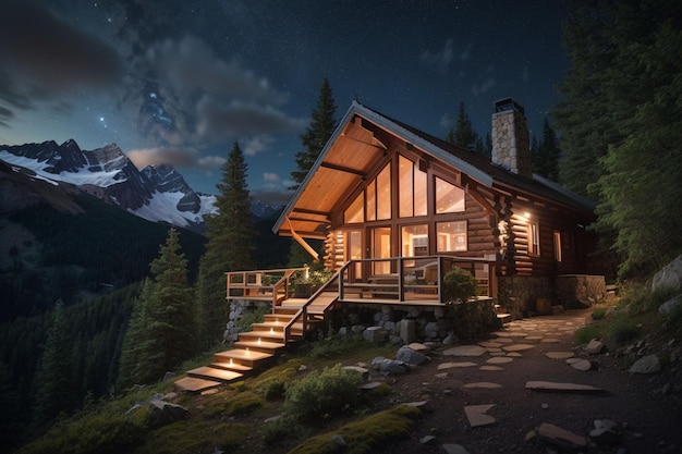 夜の美しい山の景色の家の背景 AIが生成した