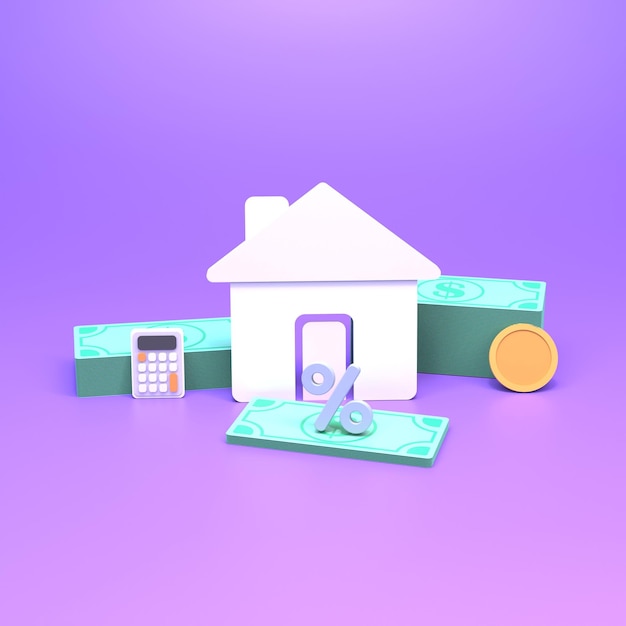 House badge and banknotes The concept of buying a home 3D renderer