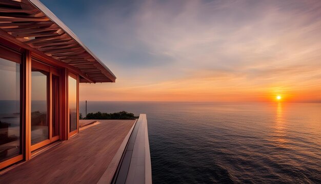 a house on a balcony overlooking the ocean at sunset