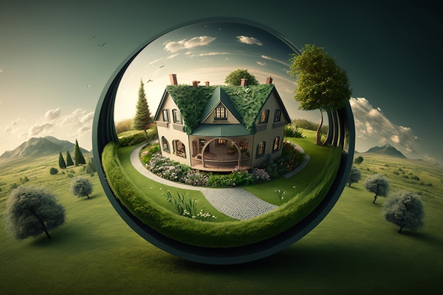 A house in a ball with a green roof