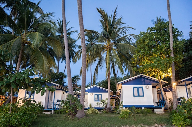 House on the beach near palm trees with a view of the sandy beach