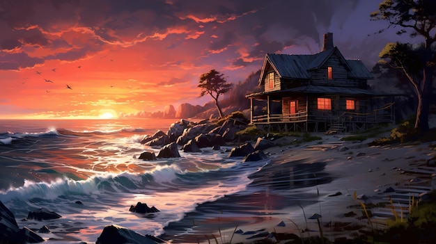 夕暮れ時の浜辺の家