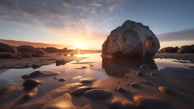 A house on the beach at sunset