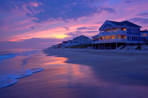 a house on the beach at sunset