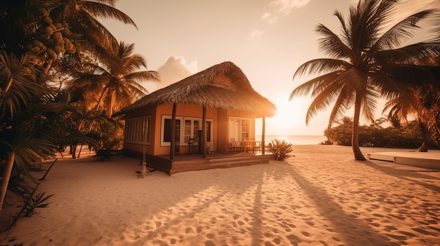 A house on the beach at sunset